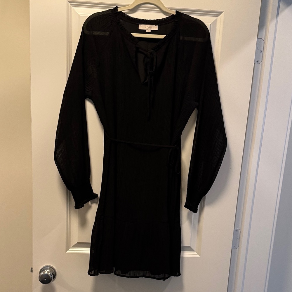 LOFT Black Long Sleeve Dress with Tie Detail